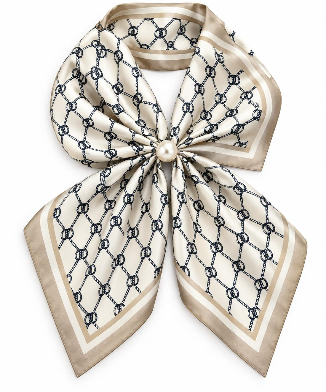 Silk Blend Scarf with Adjustable Pearl Clasp – Ivory &amp; Taupe Rope Print
