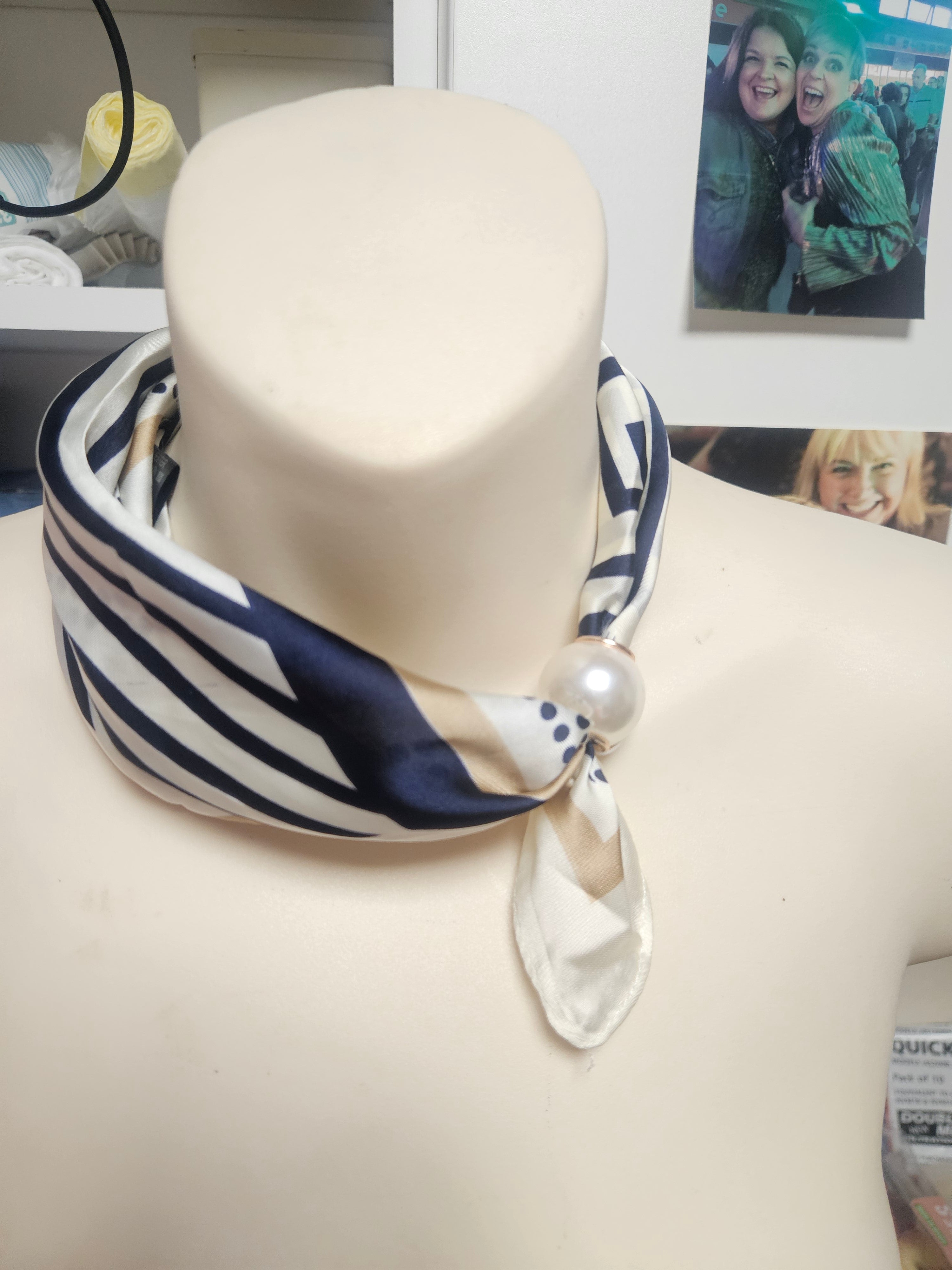 Navy &amp; Cream Stripe Neck Scarf with Pearl Magnetic Clasp