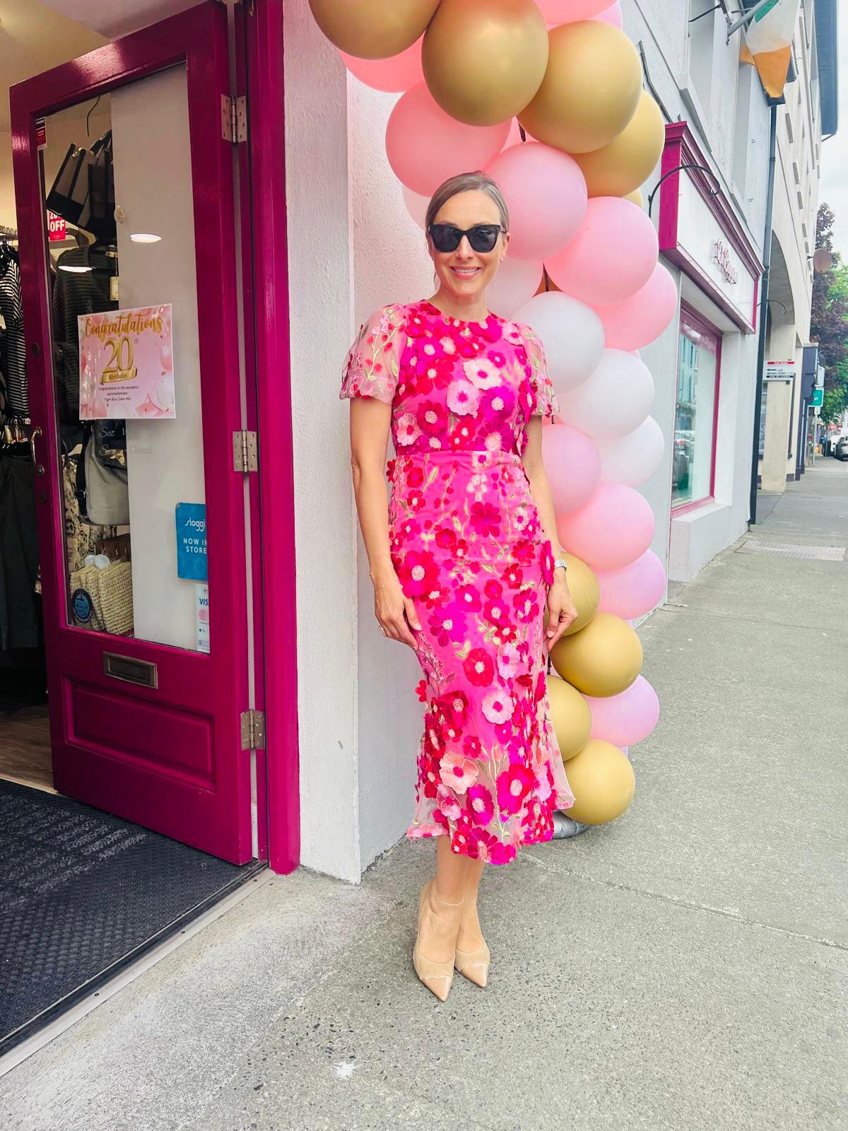 Hot Pink Multi 3d Floral Dress