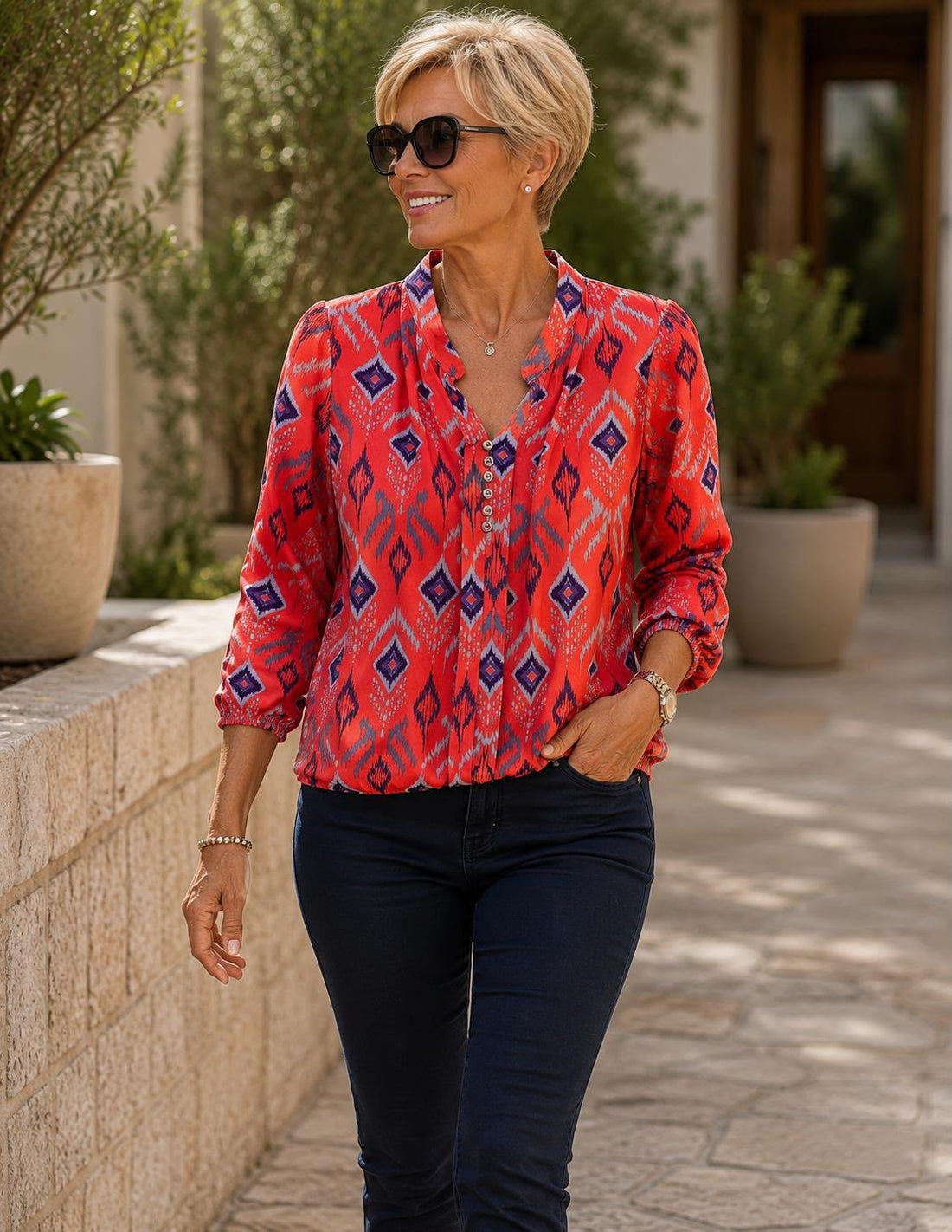 Yew Split v Neck Top with Stand Up collar in orange print Yew26 56