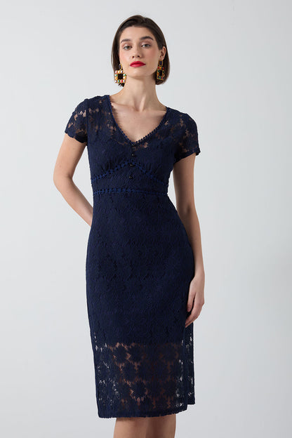 Navy Lace Knee Length Dress