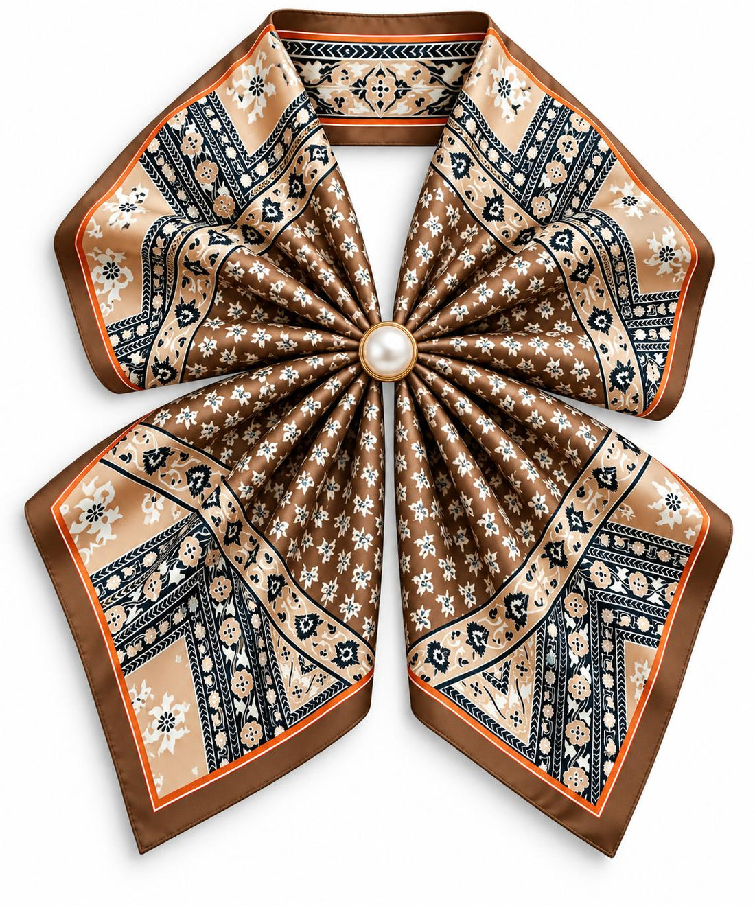 Silk Blend Scarf with Adjustable Pearl Clasp – Brown Floral