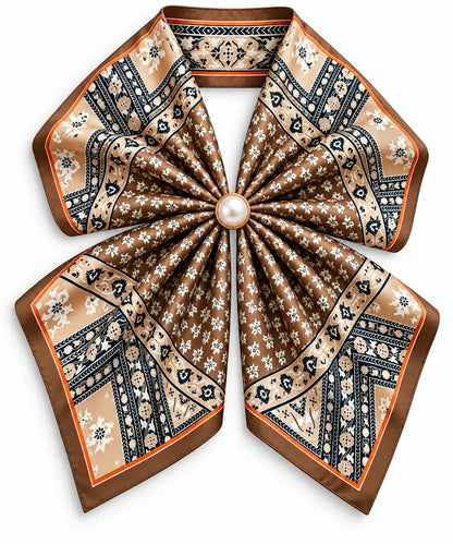 Silk Blend Scarf with Adjustable Pearl Clasp – Brown Floral