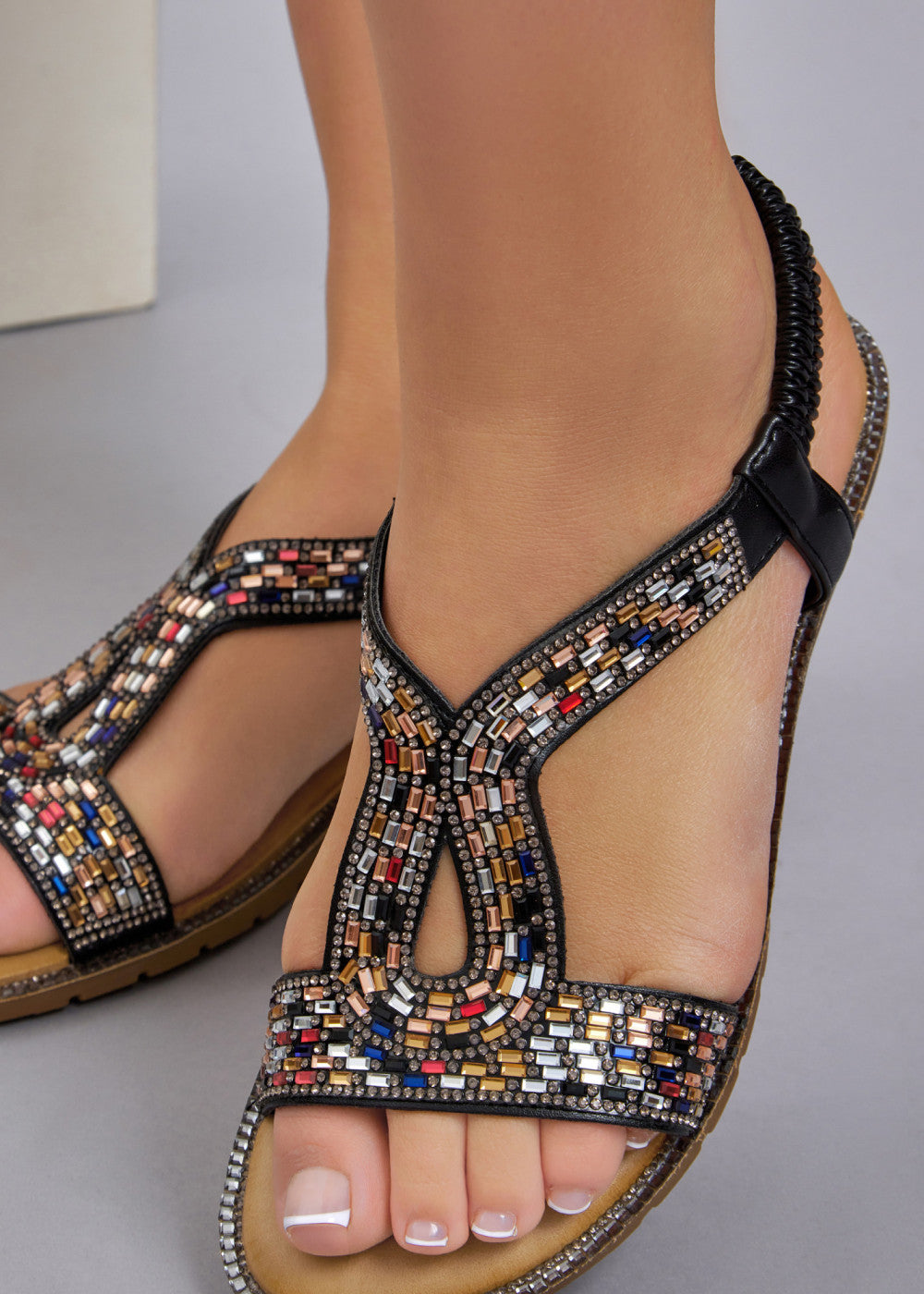 Black Pull on Coloured Diamante Embellished Sandals