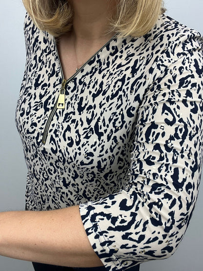 Ilona Navy print 3/4 sleeve zip top Zip25 30