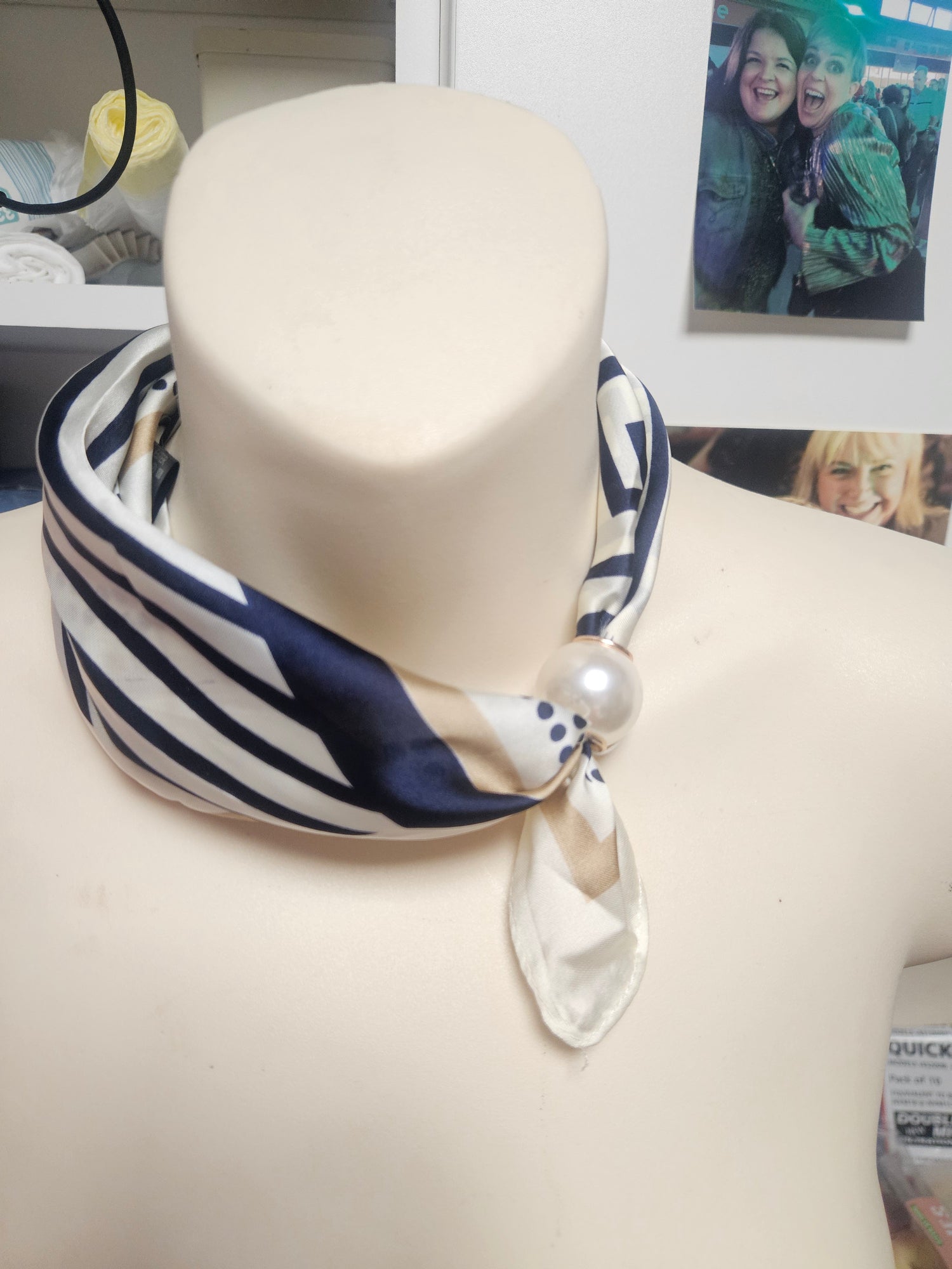 Navy &amp; Cream Stripe Neck Scarf with Pearl Magnetic Clasp