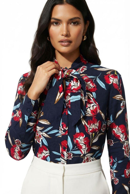 Saint Maine Navy Print V Neck Blouse with bow detail P2553