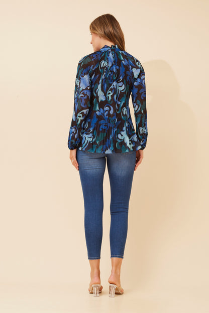 Pussy bow Pleated blouse in Blue print