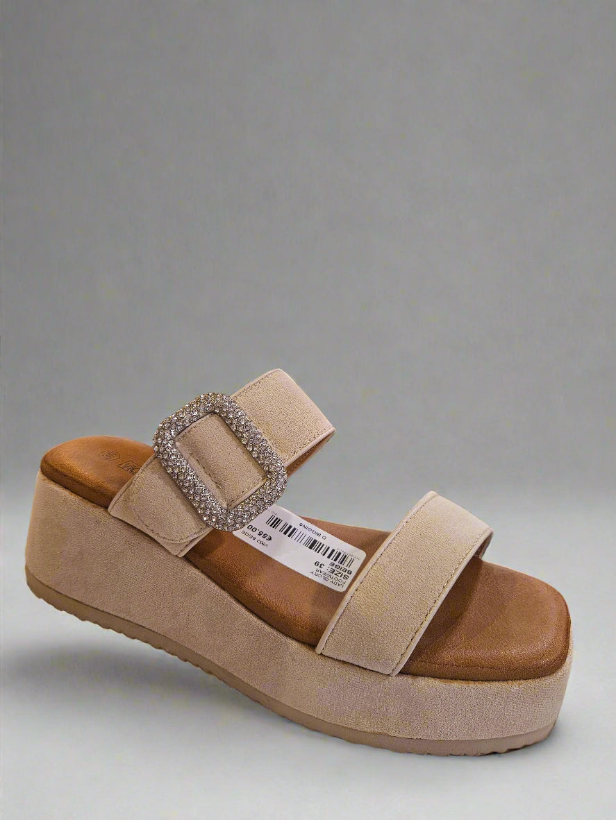 Slip on Faux Suede Wedge Sandal with Diamante buckle