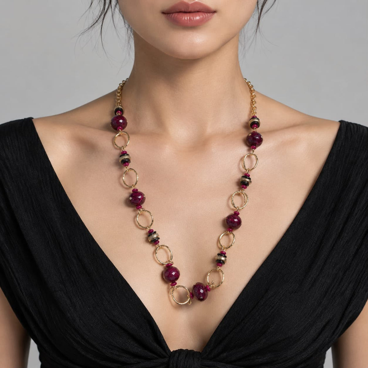 Long Gold Bead necklace in Black or Burgundy