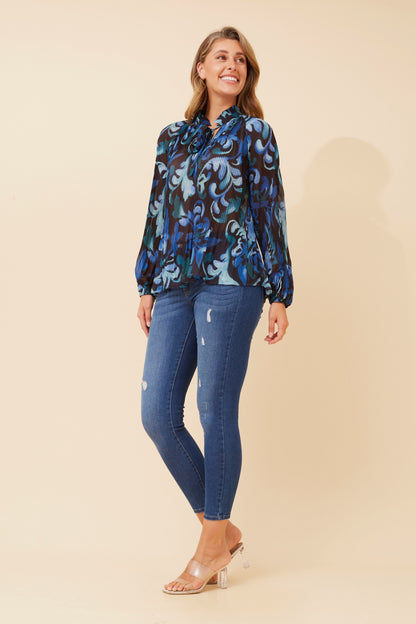 Pussy bow Pleated blouse in Blue print
