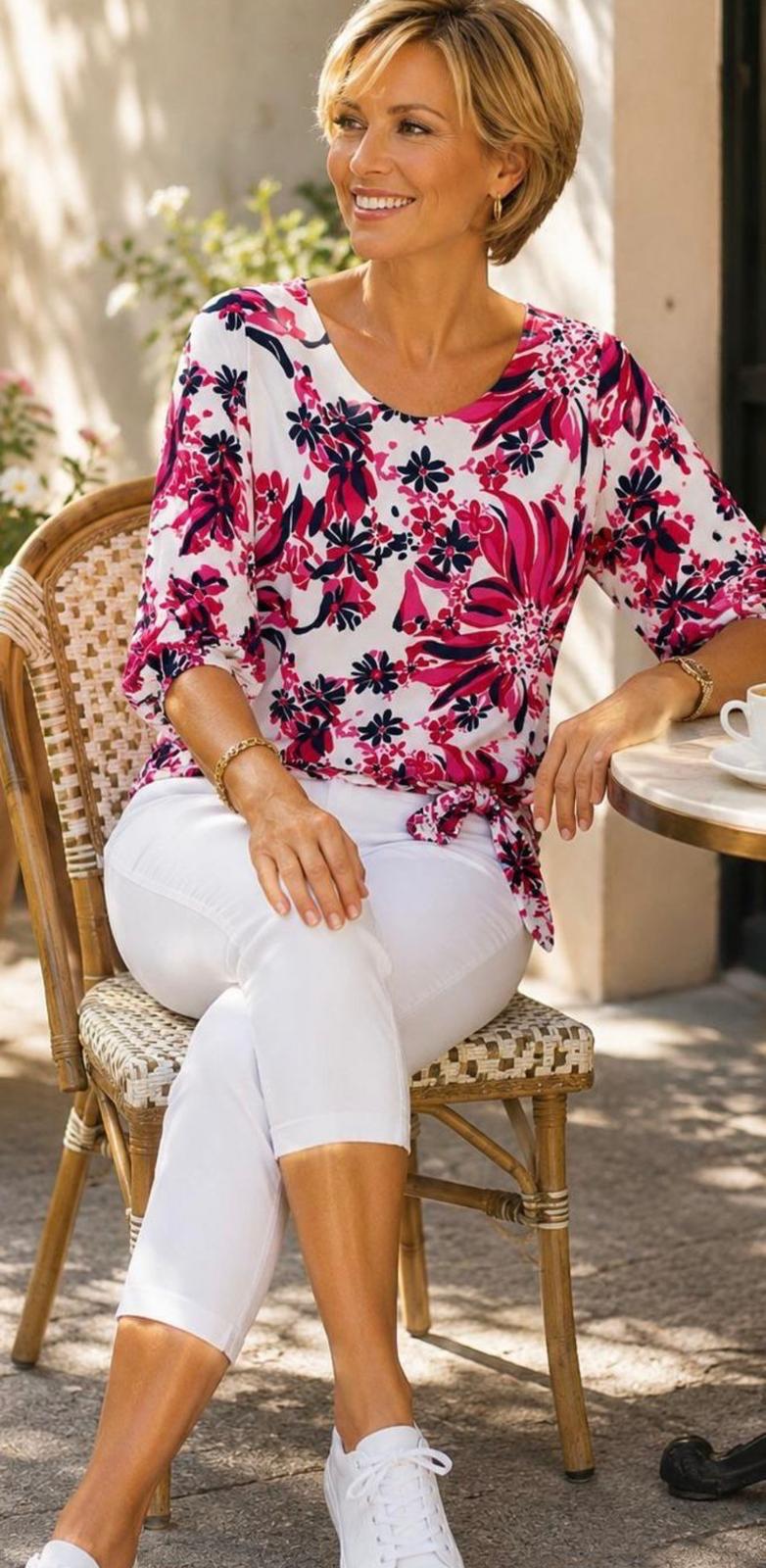 Yew 3/4 sleeve Round Neck Top with side tie pink and navy print Yew 31 3313