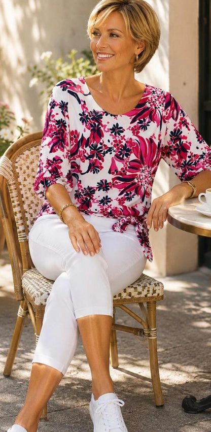 Yew 3/4 sleeve Round Neck Top with side tie pink and navy print Yew 31 3313