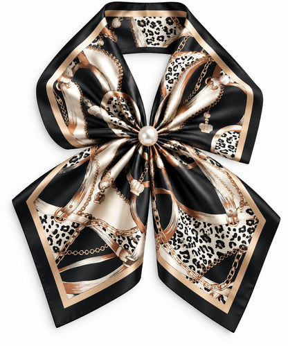 Silk Blend Scarf with Adjustable Pearl Clasp – Black &amp; Gold Chain Print