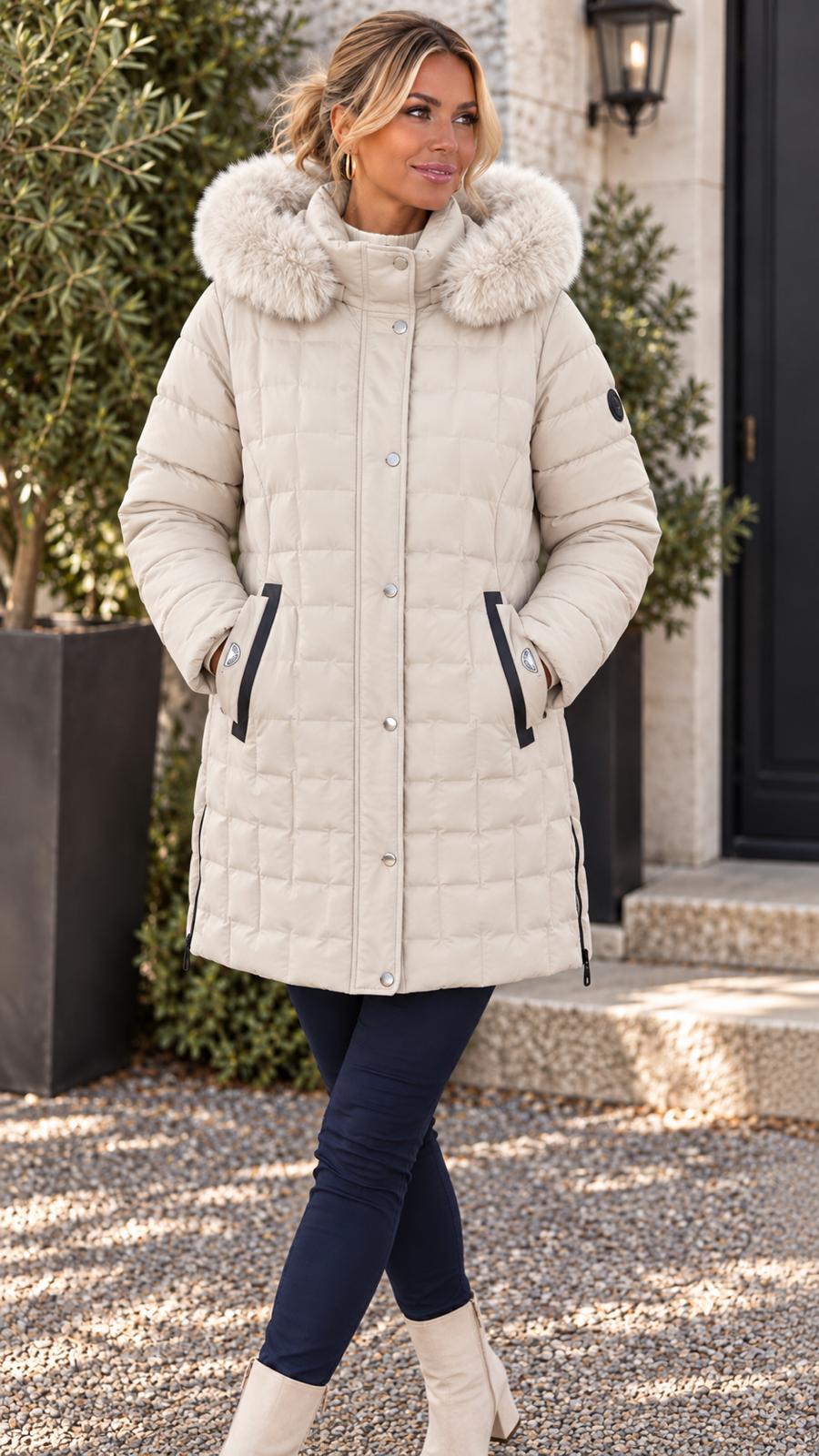 Saturne 3/4-Length Coat with Detachable Hood &amp; Fur Trim