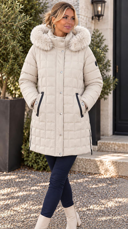 Saturne 3/4-Length Coat with Detachable Hood &amp; Fur Trim
