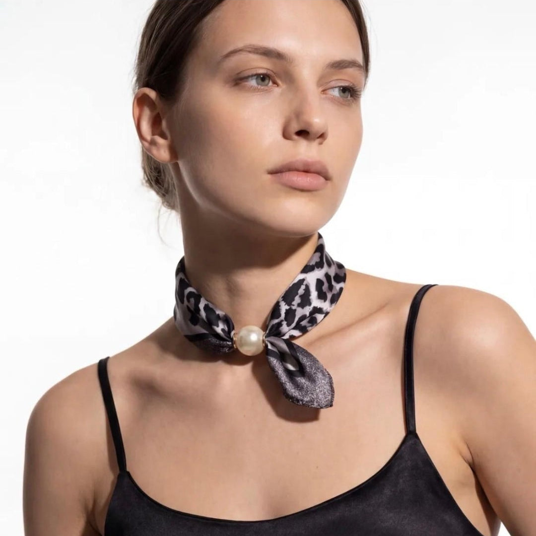 D Biggins Pearl Clasp scarf in grey and black animal print  26
