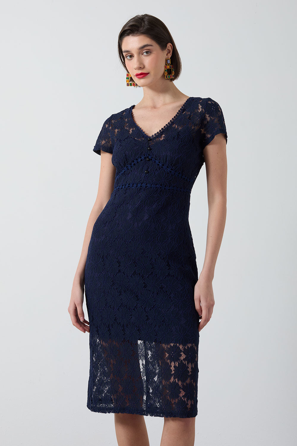 Navy Lace Knee Length Dress