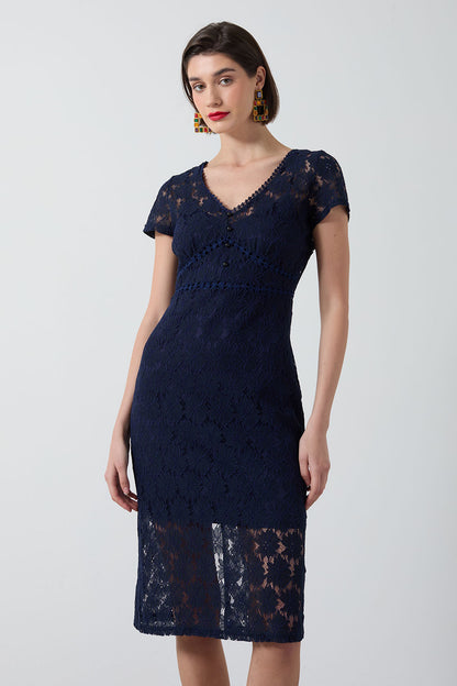 Navy Lace Knee Length Dress
