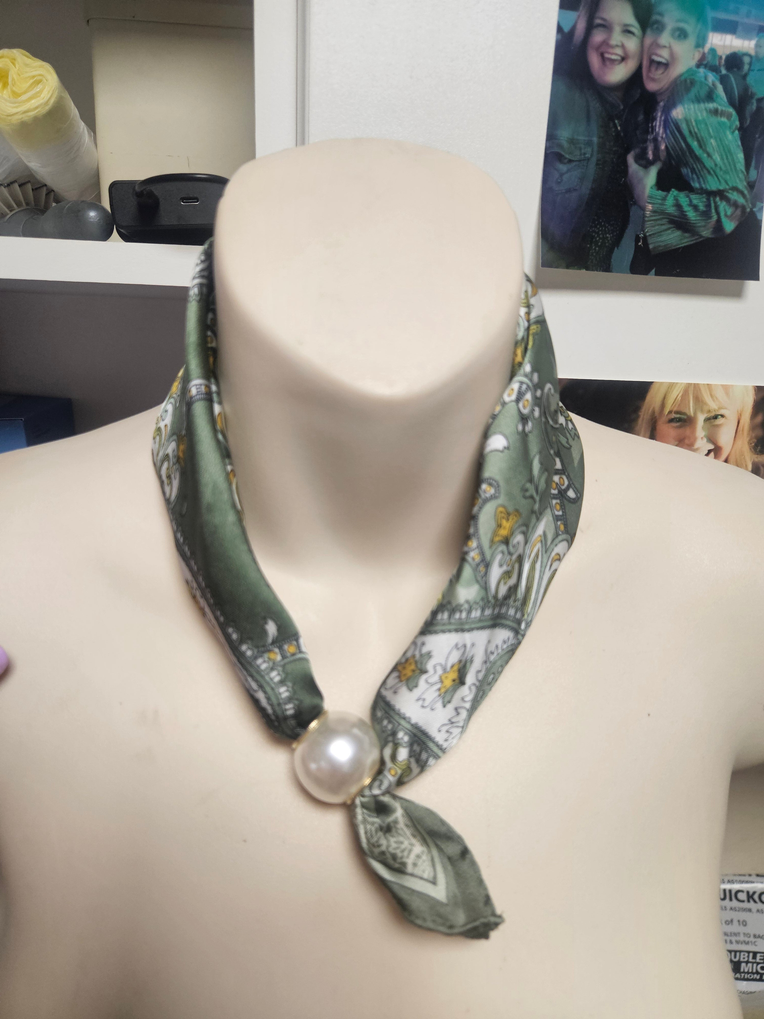 Green Floral Paisley Neck Scarf with magnetic Pearl Clasp