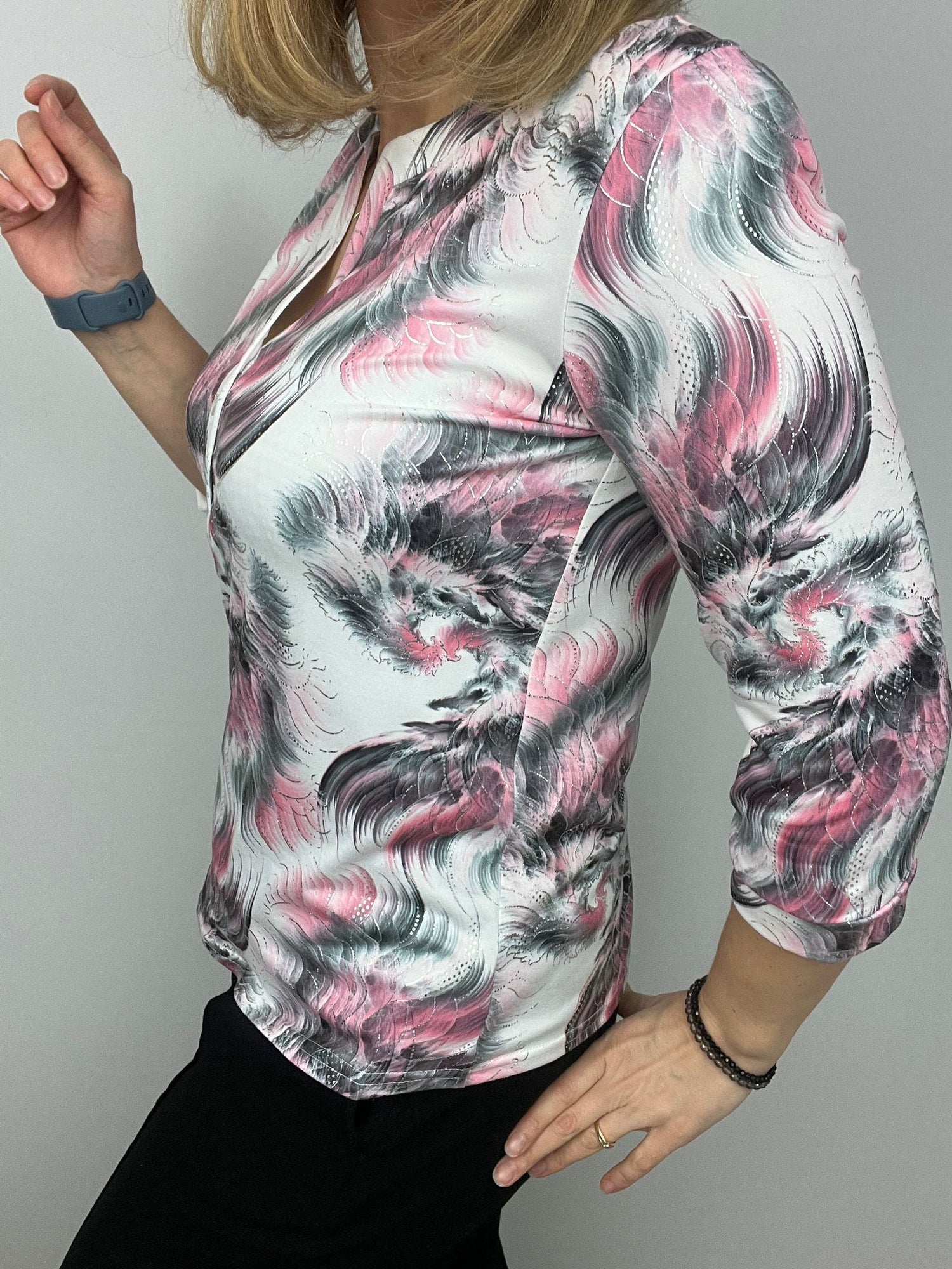Ilona 3 Button v neck  Shirt  3/4 sleeve  in Green or Pink Print  2026