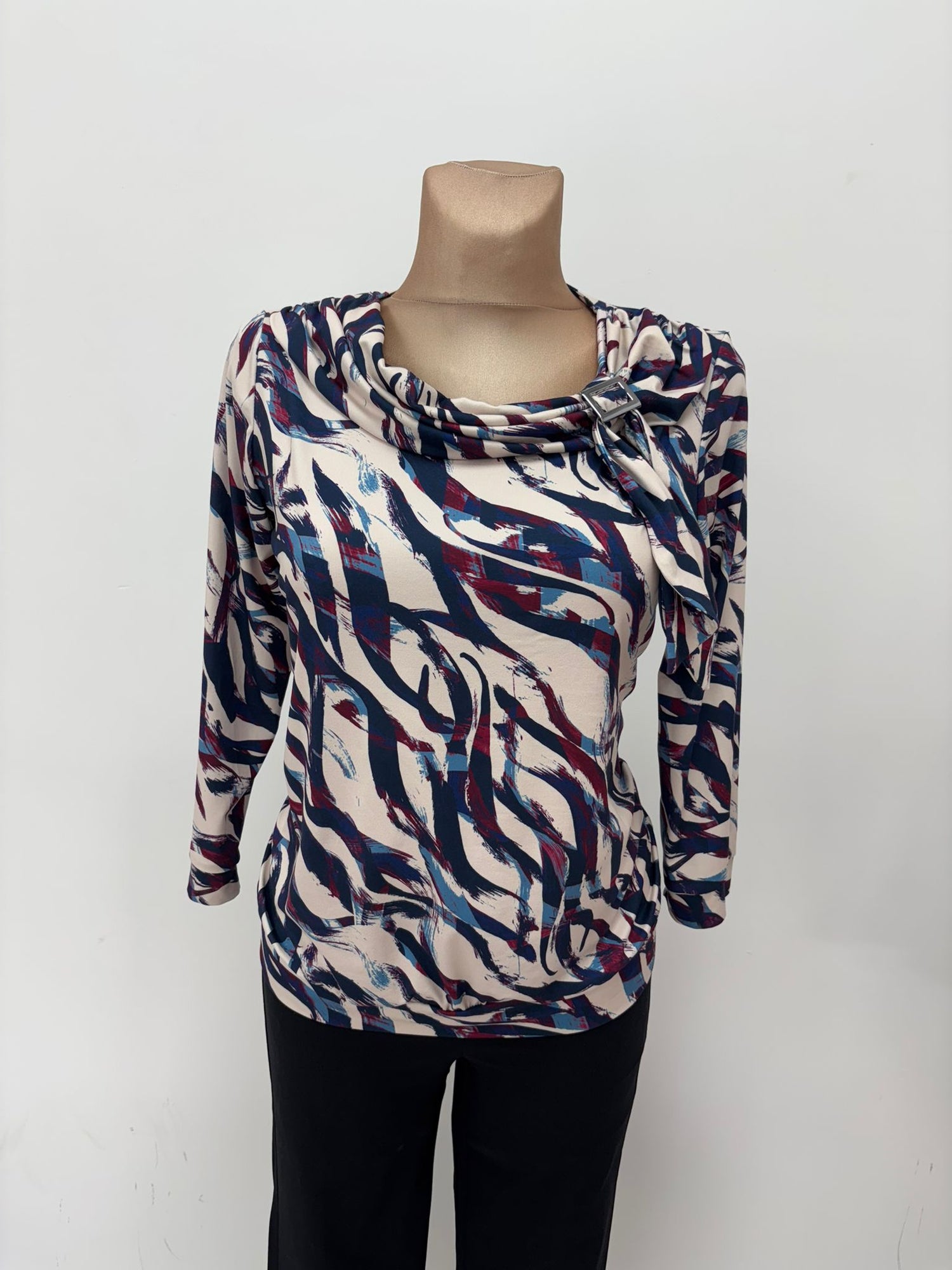 Yew Top with Drape neclkline and soft wide waistband in Blue and Burgundy Yew25 62