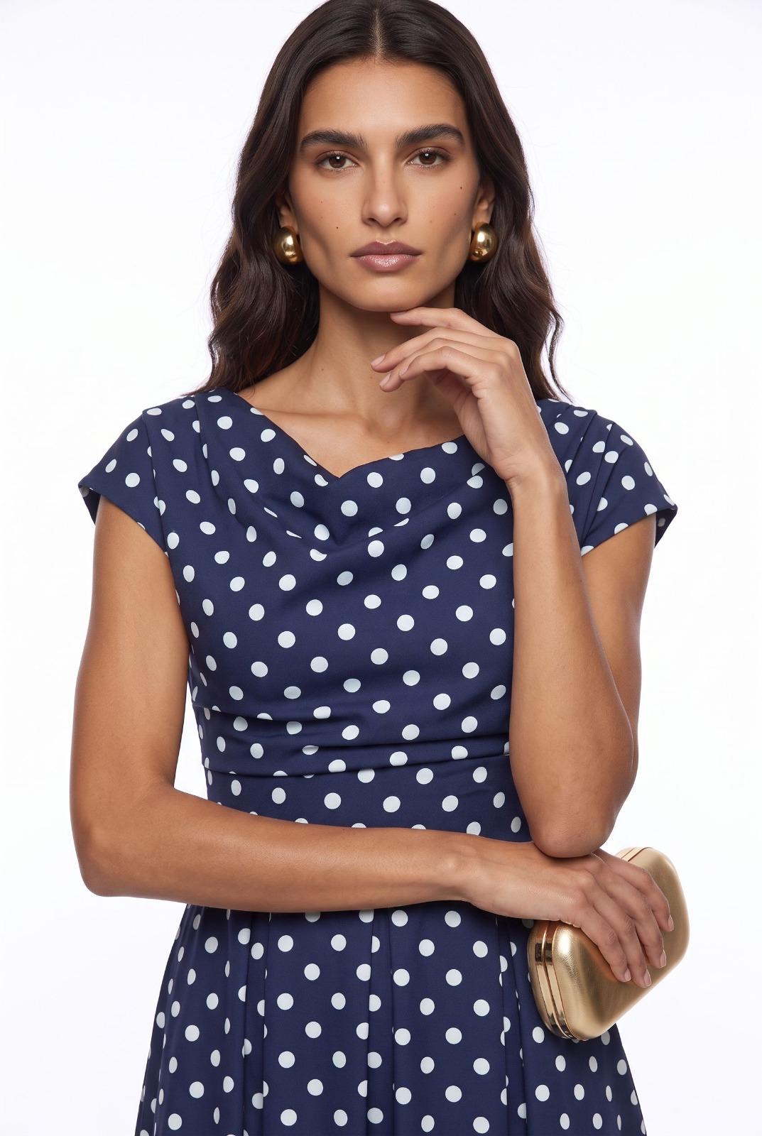Marc Angelo Polka Dot Midi Dress with Cowl Neckline 181-26 Navy Spot