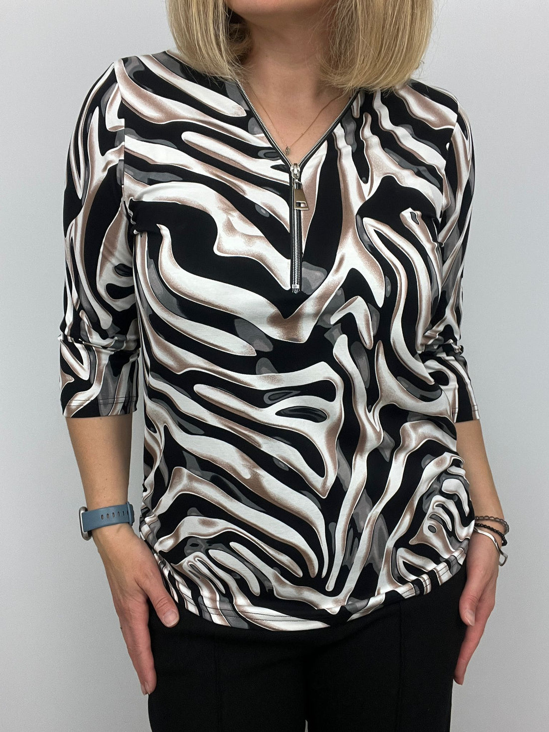Black and Tan print Zip top with 3/4 sleeves