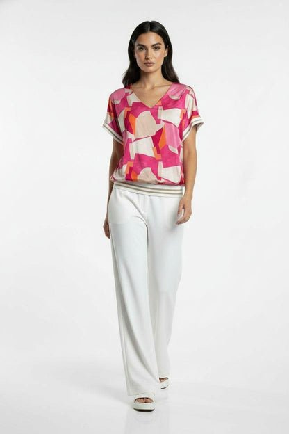 V Neck Print top with ribbed waistband 26123