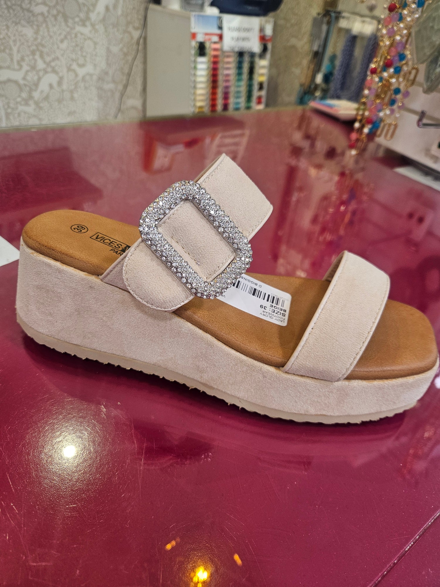 Slip on Faux Suede Wedge Sandal with Diamante buckle