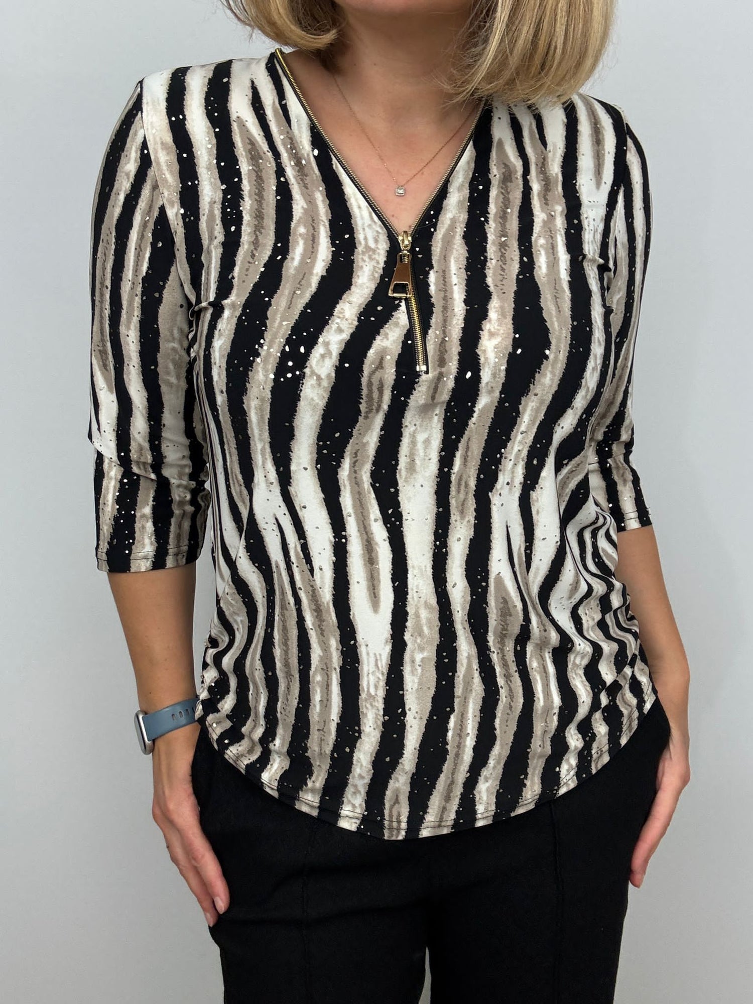 Ilona 3/4 sleeve Zip Top in Black and Beige Zebra Stripe Zipaw26 3