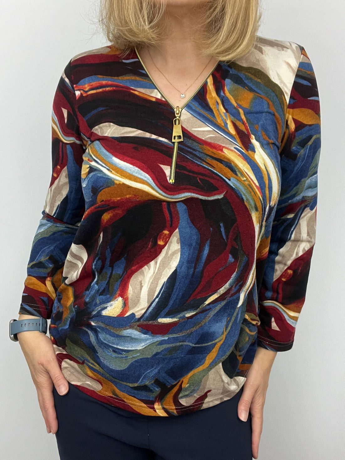 Ilona Winter Weight Zip top in Burgundy navy print Ww25 1