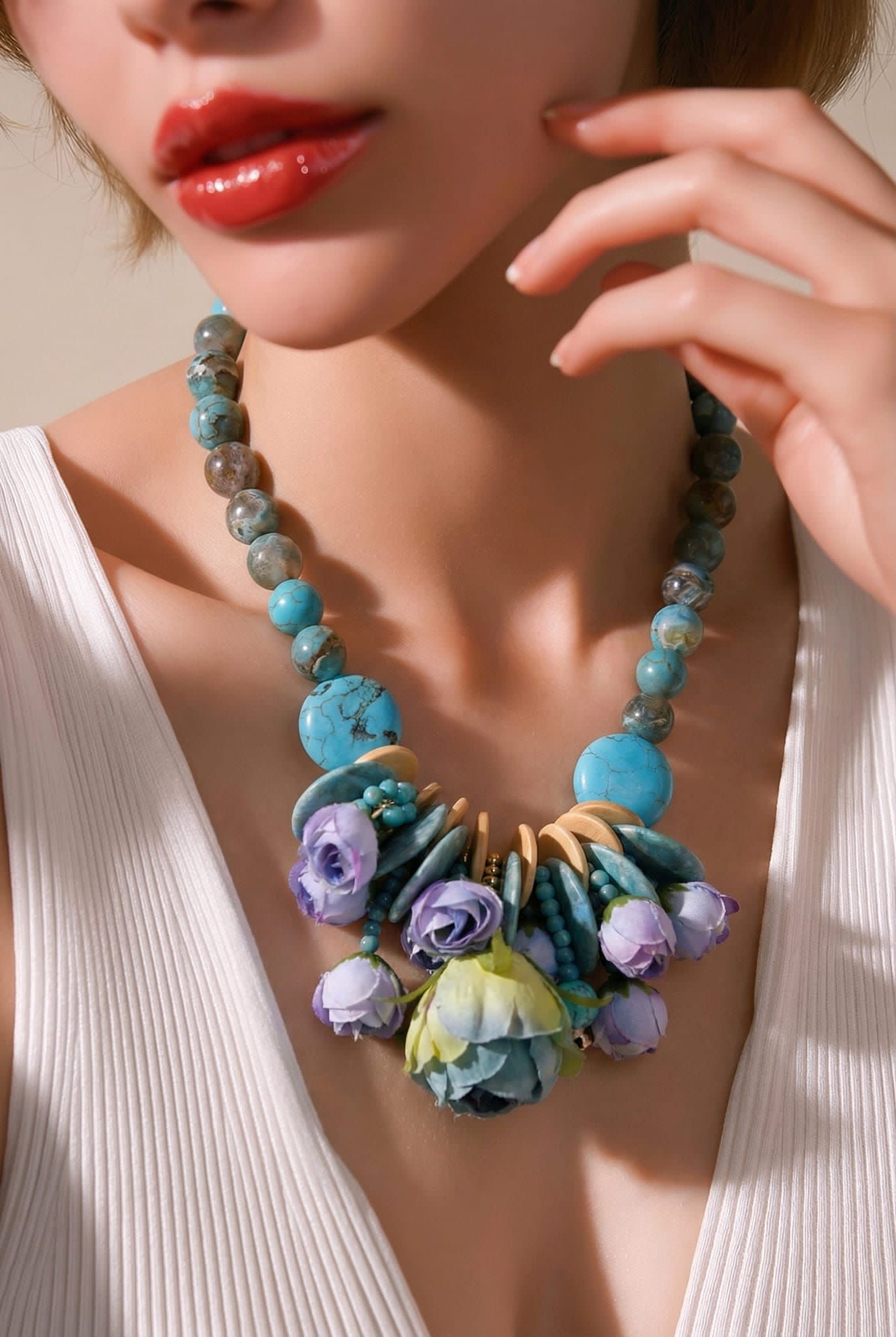 Rose Bud Statement necklace in Lilac/Blue