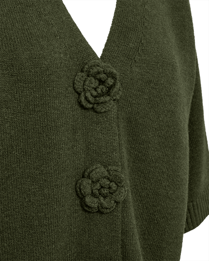 Cardigan with Rosette Button Detail in Kombu Green Or Black