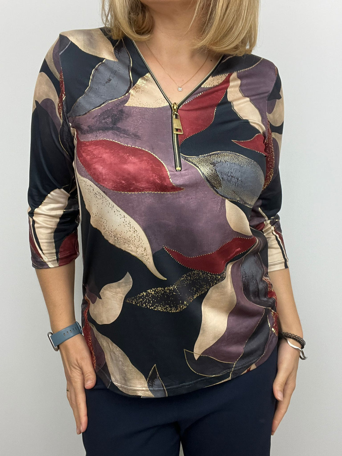 Ilona Plum and Black 3/4 Sleeve Zip top  Zip25 29