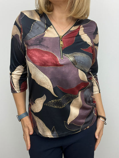 Ilona Plum and Black 3/4 Sleeve Zip top  Zip25 29
