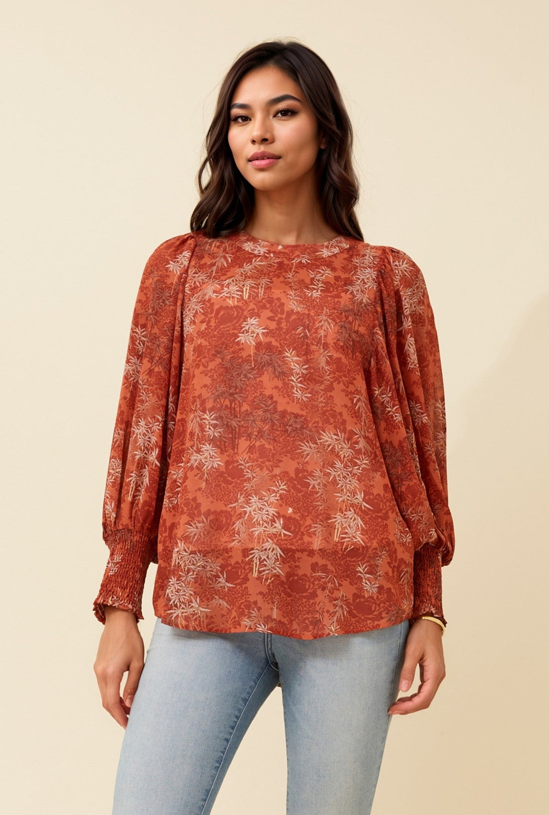 Leaf Print chiffon top with Balloon sleeve