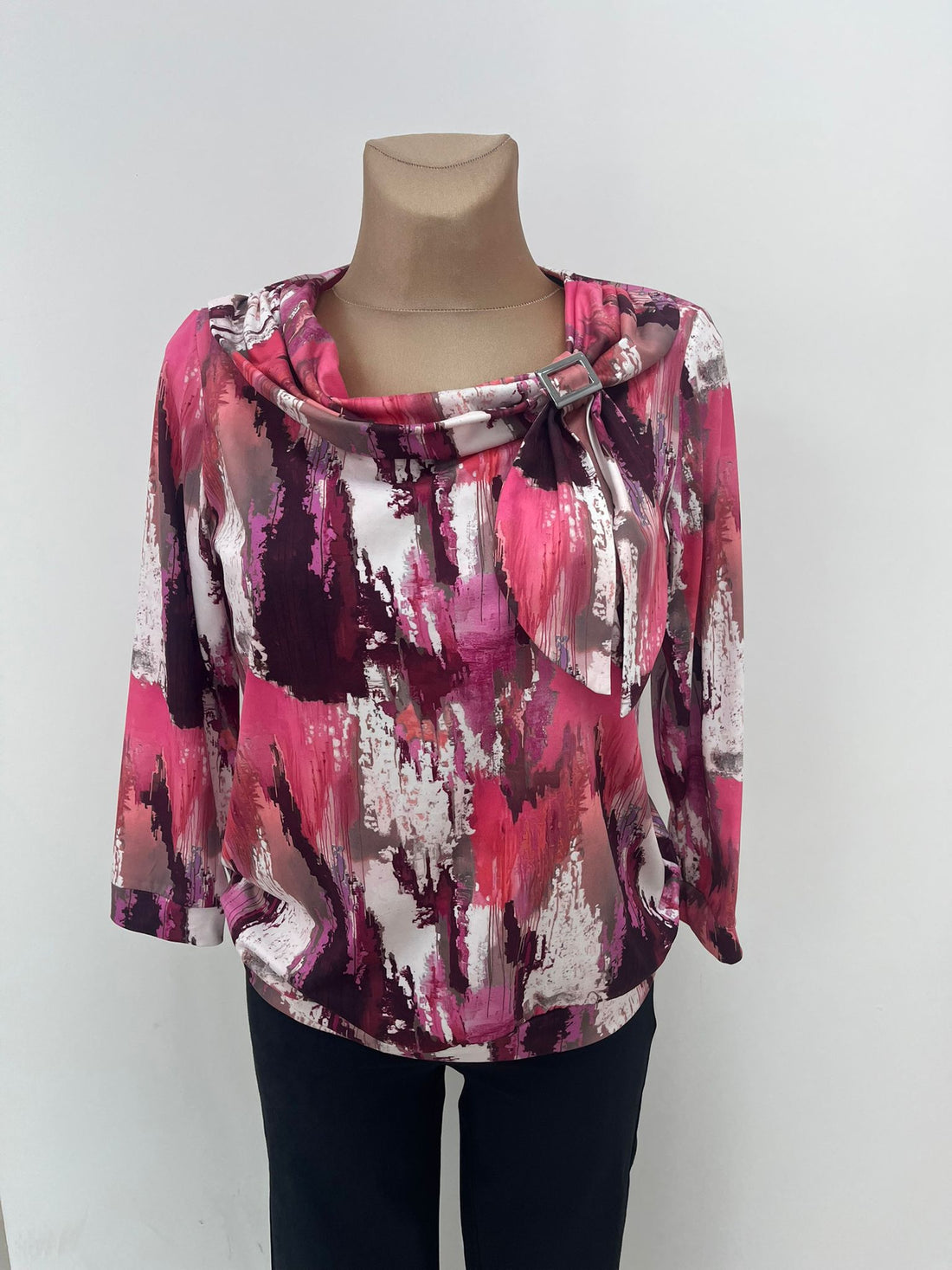 Yew Top with Cowl neckline in burgundy and Pink Print Yew25 54