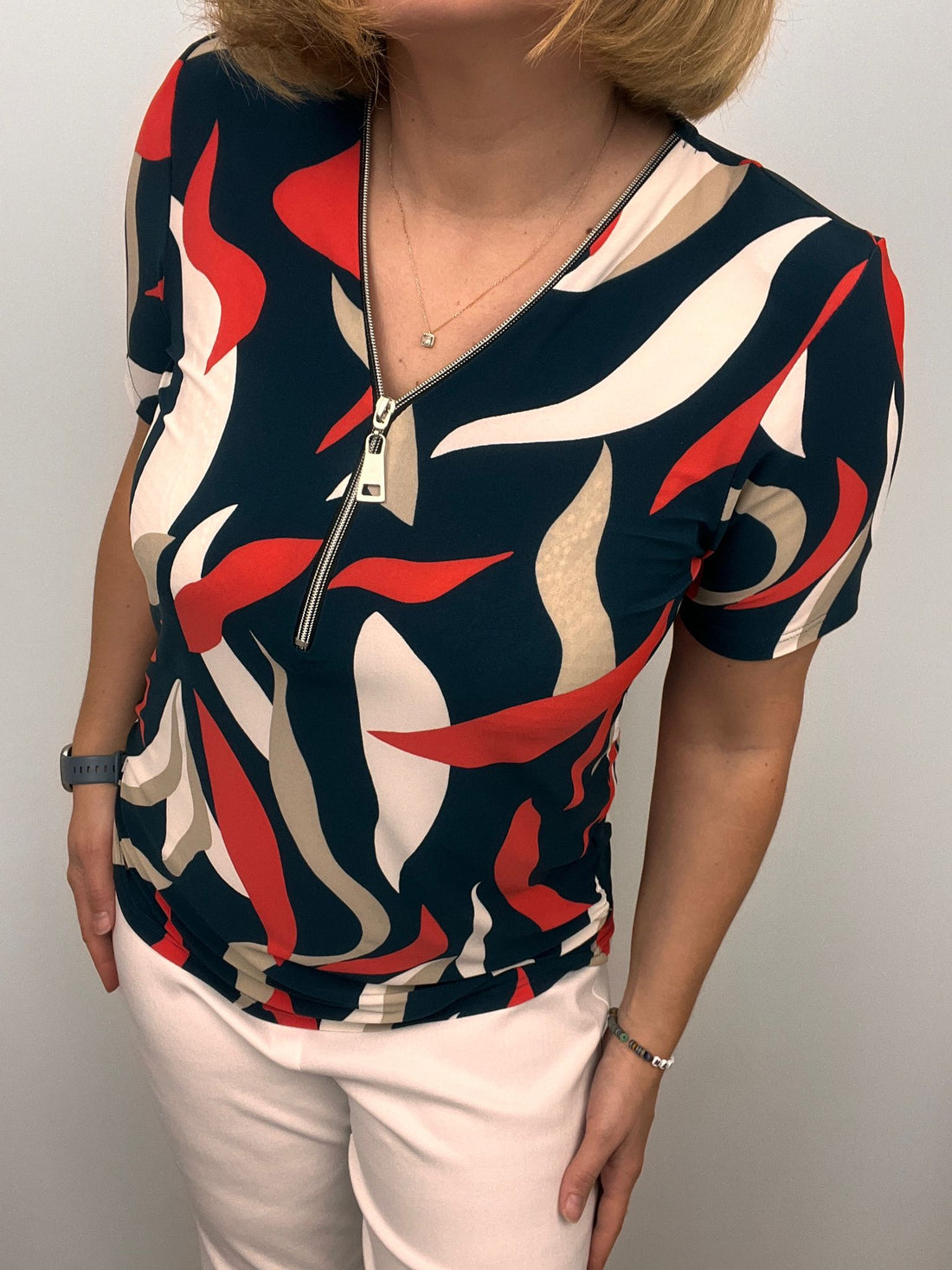 Short Sleeve Zip Top in Navy Stone and Orange mix Zip25 13