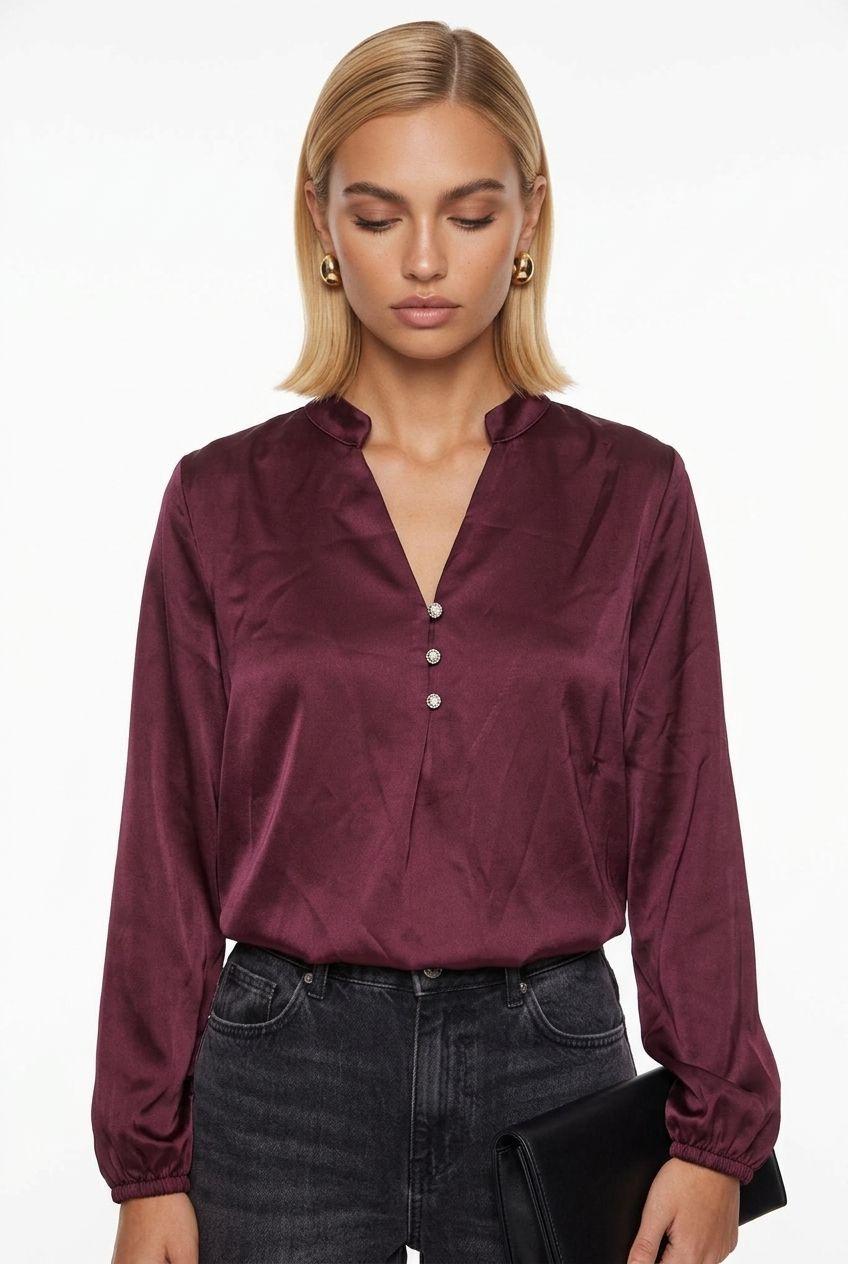 V Neck Silky long sleeve shirt in Burgundy