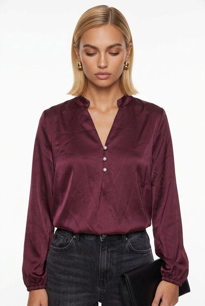 V Neck Silky long sleeve shirt in Burgundy