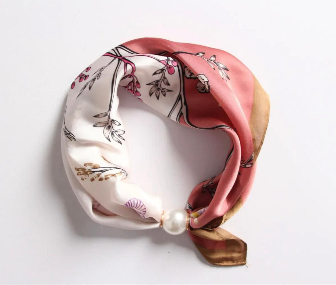 Blush Pink Silk Neck Scarf with Magnetic Pearl Clasp