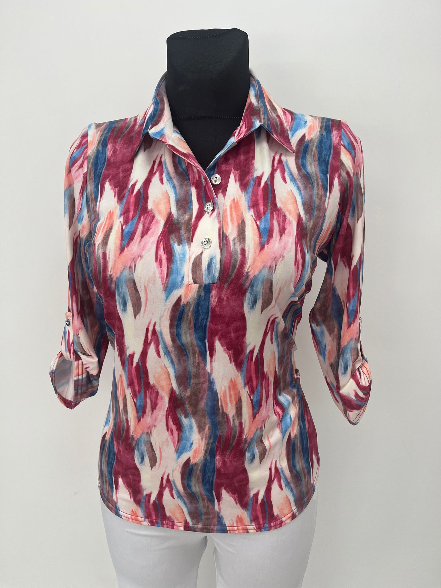 Yew top with Collar and 1/4 button opening in Burgundy print Yew25 44