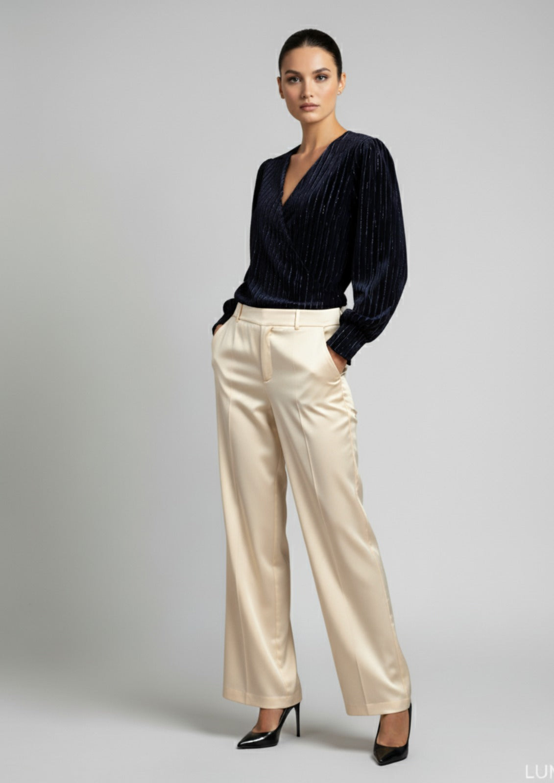 Marc Angelo plush velvet wrap top in Navy