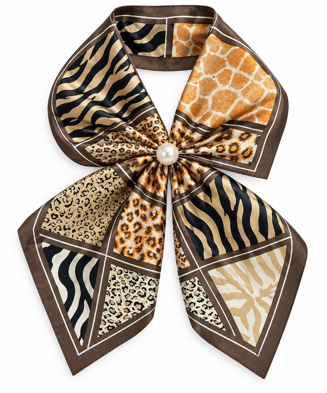 Silk Blend Scarf with Adjustable Pearl Clasp – Patchwork Animal Print