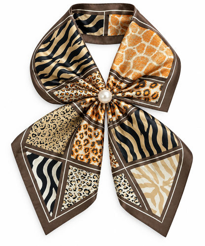 Silk Blend Scarf with Adjustable Pearl Clasp – Patchwork Animal Print