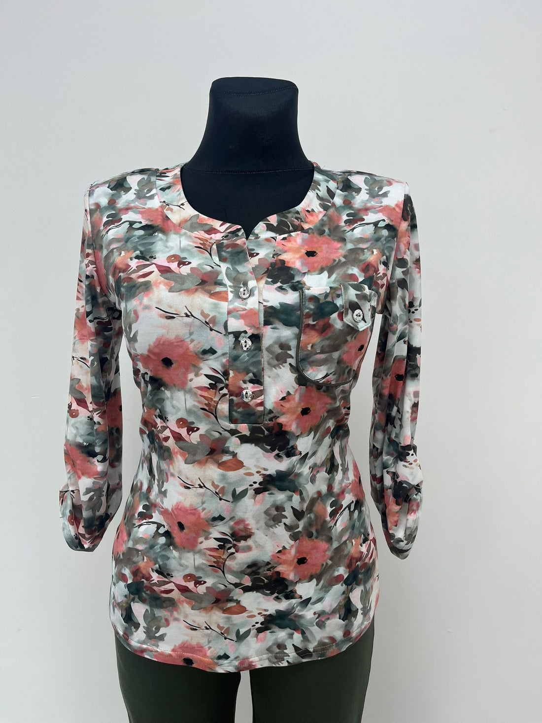 Yew top collarless style with 1/4 button opening in khaki mix