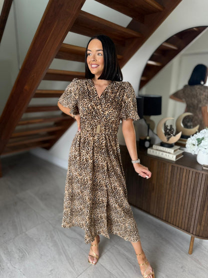 Mock Wrap midi dress with ruched elastic belt.