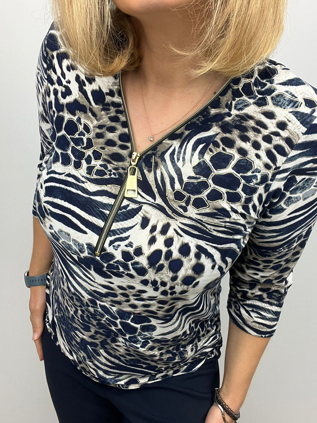Ilona Navy Animal Print 3/4 sleeve Zip top Zip25 32