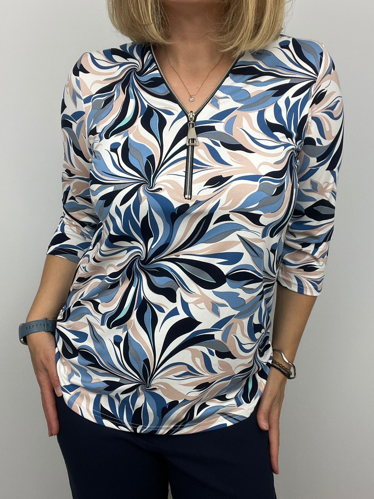 Denim blue and navy Print Zip top with 3/4 sleeves
